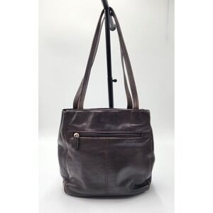Liz Claiborne Brown Leather Shoulder Bag Dark Brown Zip Pockets‎
